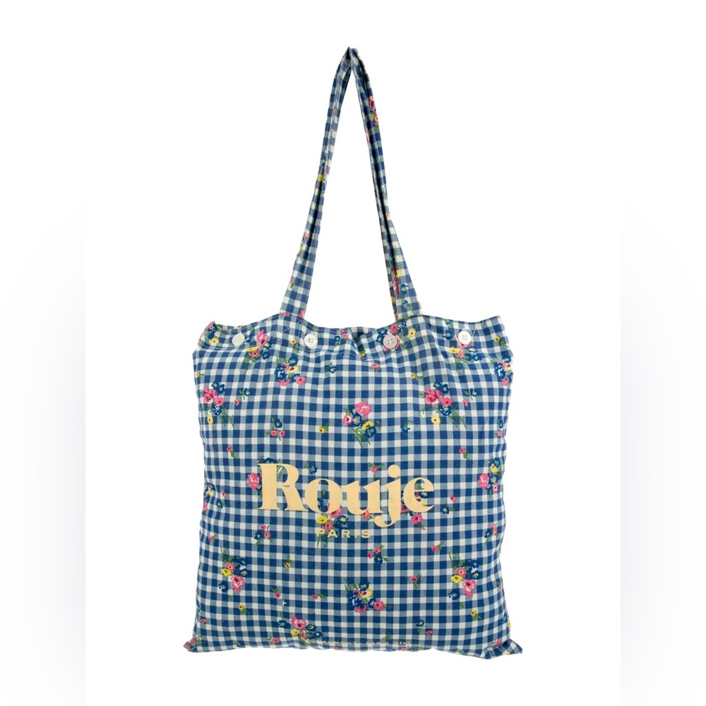 Rouje Paris Blue Gingham Floral Canvas Tote Bag